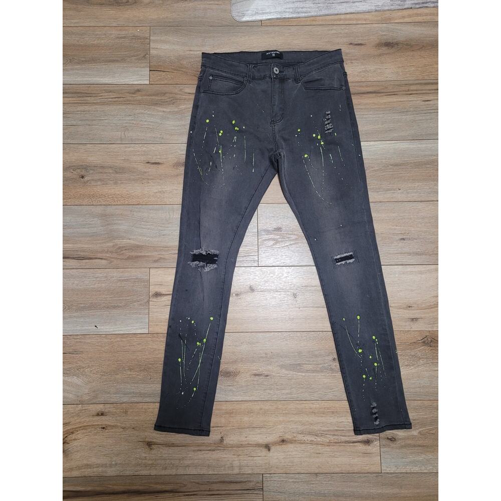 Serenede Jeans Mens 34x31 Black/ Green Fitted Slim Fit Skinny Distressed Denim